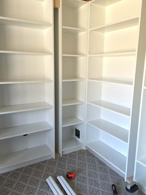 Office Makeover Part 2 | Building in Billy IKEA Hack - Southern Revivals Diy Built In Corner Bookcase, Corner Bookshelf Ikea, Billy Bookcase Office, Billy Regal Hack, Ikea Furniture Makeover, Bookcase Hack, Billy Ikea, Ikea Built In, Billy Bookcases