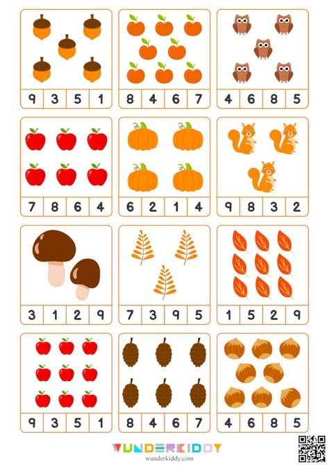 Printable Fall Theme Count And Clip Cards Math Game for Preschool Kindergarten Logic Worksheets, Fall Activity For Preschool, Preschool Fall Worksheets, Autumn Theme Preschool, Autumn Kindergarten Activities, Autumn Preschool Activities, Numbers Activities Preschool, Autumn Worksheet, Math Worksheets For Preschool