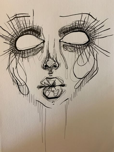 Drawing Of A Person Painting, Trippy Face Drawing, Funky Art Drawings Sketch, Funky Drawing Ideas, Weird Art Sketches, Edgy Sketches, Grunge Sketches, Grunge Art Sketches, Weird Sketches