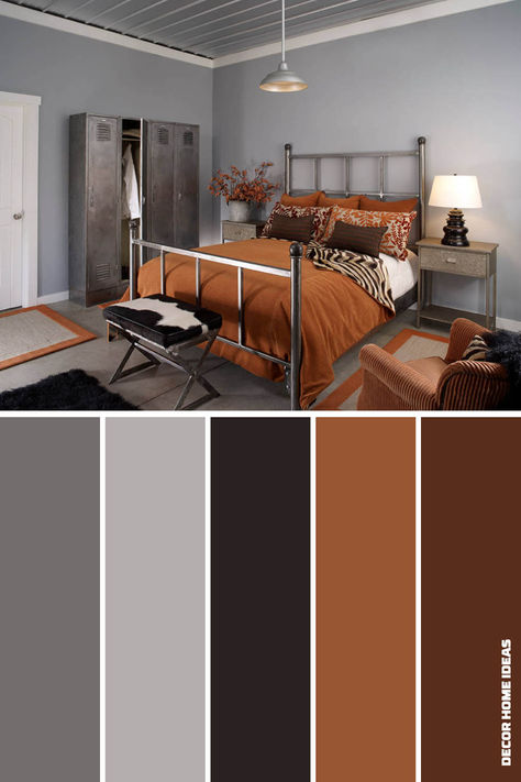 19. Gray Brown Bedroom Ideas, Gray And Orange Bedroom, Grey Brown Color Palette, Gray And Brown Bedroom Ideas, Gray Bedroom Color Schemes, Grey Orange Bedroom, Grey Brown Bedrooms, Gray Color Schemes, Grey Colour Scheme Bedroom