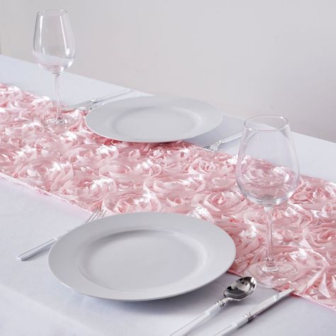 Grandiose Rosette Satin Table Runner - 14" x 108" - Blush Satin Table Runner, Fabric Runner, Satin Ribbon Roses, Floral Runner, Dinner Event, Party Catering, Satin Roses, Table Cloths, Wedding Linens