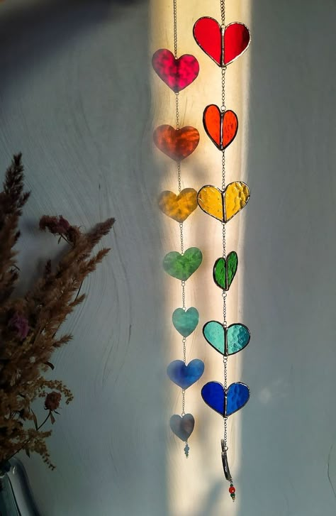 Mama Anya, Glass Garland, Valentines Day Decoration, Spectrum Glass, Rainbow Colour, Stained Glass Decor, Stained Glass Diy, Stained Glass Suncatcher, Stained Glass Crafts