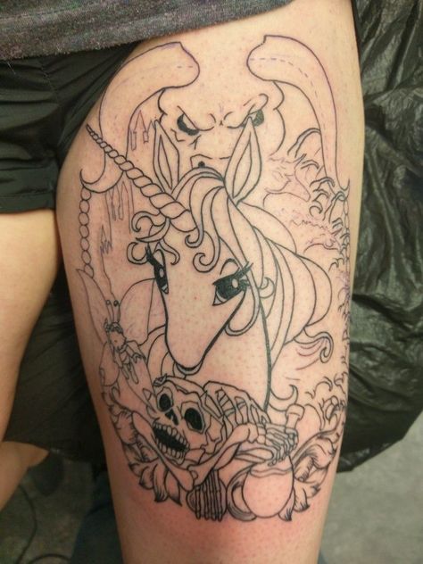 The Last Unicorn Tattoo Ideas, The Last Unicorn Tattoo, Last Unicorn Tattoo, Tattoo Unicorn, Drawing Tattoo Ideas, Unicorn Tattoo Designs, Fandom Tattoos, Unicorn Tattoo, Dinosaur Tattoos