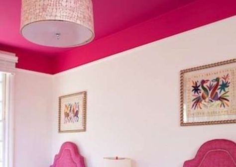 Hot Pink Ceiling, Blush Pink Ceiling, Hallway Ceiling Paint, Painted Ceiling Kids Room, Coloured Ceiling Bedroom, Painted Ceilings Bedrooms, Pink Ceiling Bedroom, Painted Bedroom Ceiling, Colored Ceiling Bedroom