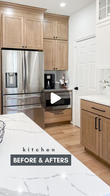 Liz Pacini | DIY + Affordable Home Decor on Instagram: "Comment KITCHEN1 for all the details, info, and links! 🖤  How to you feel about two toned kitchens?! 👇🏼  • Cabinets: uppers are white dove, lowers are husk stain on maple wood by @kraftmaid  • Range hood by @zlinekitchen  • Backsplash: Artisan Frost Ceramic Tile by @flooranddecor  • Flooring: Point Reyes by @malibuwideplank • Counters are quartz from a local supplier in Knoxville!  #kitchendesign #woodandwhitekitchen #kraftmaidcabinets #hometransformation #kitchenremodel" Off White Kitchen Cabinets With Tile Floor, Two Tone Kitchen Backsplash Ideas, Brown Lowers White Uppers, Maple Truffle Kitchen Cabinets, White Oak Upper Cabinets, White And Maple Kitchen Cabinets, White And Tan Kitchen Cabinets, Kraftmaid Shortbread Cabinets, White Maple Kitchen Cabinets