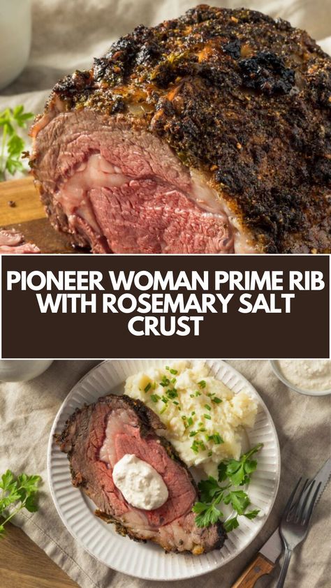 Pioneer Woman’s Prime Rib With Rosemary Salt Crust is made with whole boneless rib eye, olive oil, tri-color peppercorns, fresh thyme, kosher salt, and garlic, roasted in 55 minutes to perfection! Crust For Prime Rib, Pioneer Woman Prime Rib Roast, Pioneer Women Prime Rib Roast, Peppercorn Crusted Prime Rib, Prime Rib Cast Iron Skillet, Rosemary Prime Rib, Prime Rib Roast Oven Salt Crust, Herb Rub For Prime Rib, Prime Rib Roast Seasoning Recipe