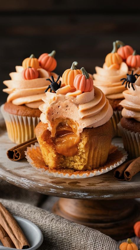 Pumpkin Patch Explosion Cupcakes Halloween Cupcakes Photography, Pumpkin Cake Filling Recipes, Fall And Halloween Cupcakes, Moist Pumpkin Spice Cupcakes, Pumpkin Filling For Cake, Spiced Pumpkin Cupcakes, Food Photography Cupcakes, Pumpkin Filled Cupcakes, Pumpkin Spice Cupcakes From Box Cake