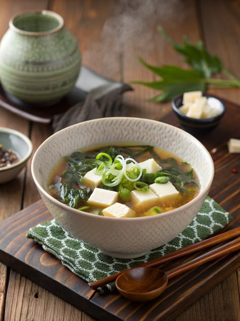 Miso Soup	 Miso Soup is a Japanese classic! Ingredients: 1. Miso paste 2. Tofu 3. Green onions 4. Seaweed. Light and comforting! . #5dishchallenge #icancookchallenge #recipes #food #salad #soup #delicious #vegetables #cooking #pasta #foodie #yummy #healthyfood #foodporn #cooking Miso Soup Photography, Japanese Food Photography Aesthetic, Miso Soup Aesthetic, Japanese Food Photography, Seaweed Soup, Iphone Display, Cravings Recipes, Archive Library, Vegetarian Soups