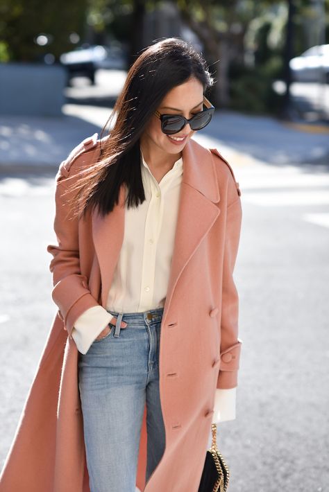 Loving the exaggerated sleeves on this blouse. I keep my eye out for blouses during sale season because I can get higher quality for less (and this one is currently $90 marked down from $360!). It’s a no brainer. Found a few more great blouses on sale below! *** Coat – Tibi (more pink coats here, here, … Spring Going Out Outfits Night, Girly Outfits Spring, Going Out Outfits Night, Cold Spring Outfit, Comfy Spring Outfits, Peach Jacket, Peach Clothes, Girls Spring Outfits, Polished Casual