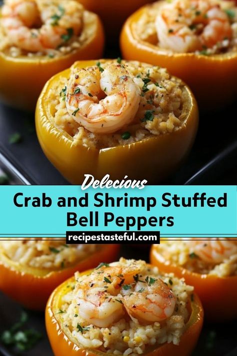 A flavorful dish featuring bell peppers stuffed with a rich mixture of lump crab meat, shrimp, rice, and spices, baked to perfection. Shrimp Stuffed Bell Peppers, Lump Crab Meat Recipes, Bell Peppers Stuffed, Crab And Shrimp, Shrimp Stuffed, Stuffed Peppers With Rice, Lump Crab Meat, Shrimp Rice, Crab Meat Recipes