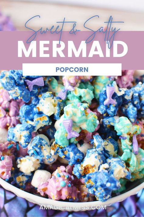 Mermaid Treats Food Ideas, Mermaid Theme Birthday Party Favors, Mermaid Themed Party Snacks, Mermaid Birthday Snack Ideas, Healthy Mermaid Snacks, Mermaid Popcorn Recipe, Mermaid Breakfast Food, Mermaid Themed Drinks, Mermaid Birthday Snacks Food Ideas