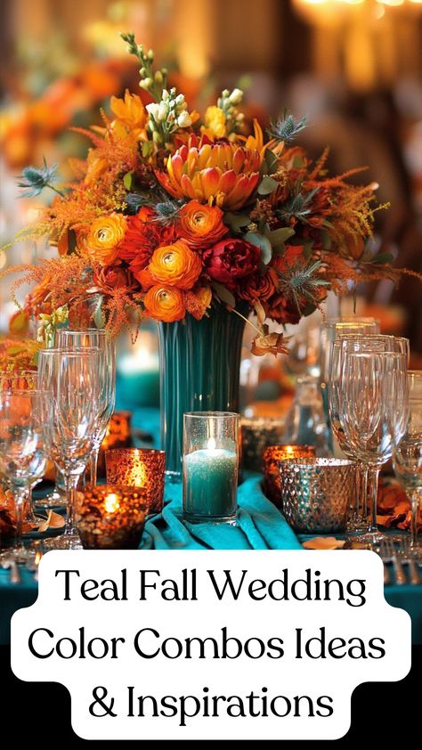 A beautiful teal and burnt orange fall wedding centerpiece with matching teal bridesmaid dresses and autumnal decor. Teal And Burnt Orange Centerpieces, Teal Green And Burnt Orange Wedding, Teal And Burnt Orange Table Setting, Teal And Orange Table Setting, Dark Teal And Burnt Orange Wedding Centerpieces, Teal And Gold Flowers, Teal Autumn Wedding, Teal And Orange Bridesmaid Dresses, Burnt Orange And Teal Wedding Bouquets