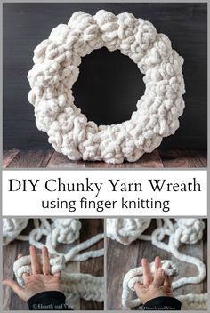 Finger knitting, a wreath base and some jumbo yarn is all you need to create this beautiful winter white wreath. #HomeDecor #ChristmasDecor #ChunkyYarn Chunky Yarn Wreath, Finger Knitting Projects, Finger Knit, Winter Wreath Diy, Finger Crochet, Diy Christmas Wreaths, Yarn Wreath, Finger Knitting, Winter Diy