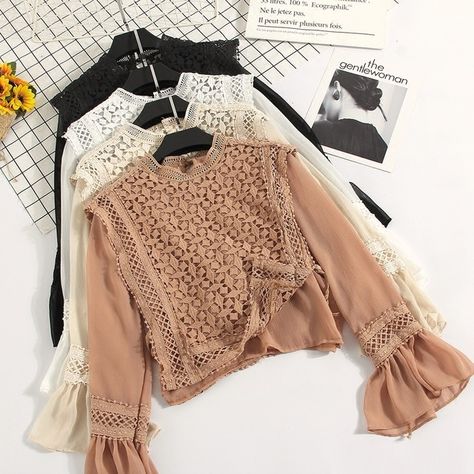 Women Chiffon Blouse, Mens Fashion Ideas, Floral Lace Blouse, Cheap Blouses, Vintage Short, Women Blouse, Lace Flower, Blouse Tops, Sweet Floral