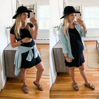 Dress With Birkenstocks Outfits, Birkenstock Maternity Outfit, Tan Birkenstock Outfit, Dress With Birkenstocks, Birkenstocks Outfits, Bump Outfits, Black Tshirt Dress, Maternity Dress Outfits, Birkenstock Outfit