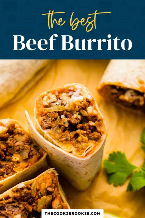 This easy Beef Burrito recipe is hearty, filling, and sure to taste just as good as your favorite Mexican restaurant! Seasoned ground beef, refried beans, cheese, rice, and salsa are loaded into flour tortillas to make these tasty beef burritos. Bean And Rice Burrito Recipe, Cheesy Beefy Burritos, Beef Bean Rice And Cheese Burritos, Beef Cheese Burrito, Ground Beef And Cheese Burritos, Giant Burrito Recipe, Homemade Beef Burritos, Beef Bean And Rice Burritos, Ground Beef And Refried Beans Recipes