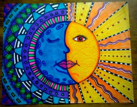 Mexican Folk Art Sun And Moon, Sun And Moon Project, Color Art Lessons, Moon Stars Art, Art Room Posters, 2nd Grade Art, Sun Painting, Mayan Art, Principles Of Art