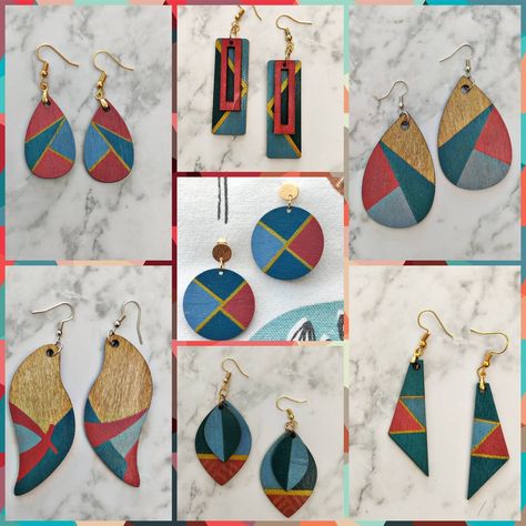 Hand Painted Earrings Wood, Terracotta Jewellery Designs, Wood Dangle Earrings, Laser Cut Wood Earrings, Filigree Pattern, Hand Painted Earrings, Painted Earrings, Hand Painted Jewelry, Teal And Pink