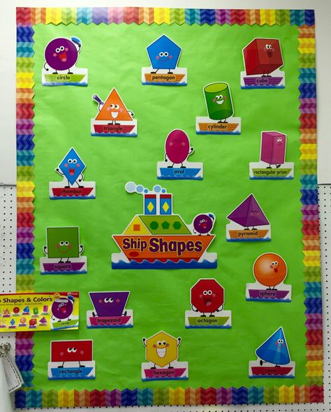 Ship Shapes and Colors Bulletin Board Set Ideas www.Boslands.com Bosland's Learning Plus, LLC Products Used: T8270 - Ship Shapes and Colors Bulletin Board Set CTP0187 - Rainbow Herringbone Trim ($3.99) Fadeless in Nile Green, Bulletin Board Set Paper Shapes Board Preschool, Shapes Theme Board Preschool, Shape Bulletin Boards Preschool, Shapes Bulletin Board Ideas, Preschool Graduation Decorations, Kindergarten Word Search, Soft Board Decoration, Preschool Boards, Interactive Bulletin Boards