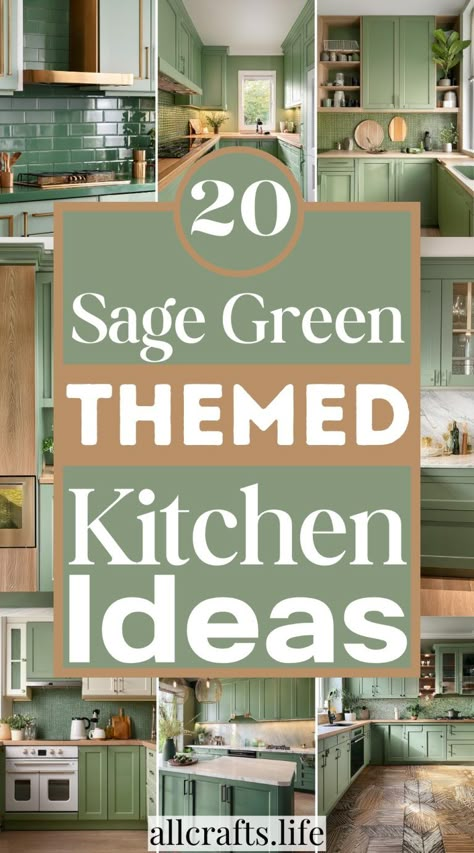 20 Best Sage Green-Themed Kitchen Ideas Kitchen Colour Theme Ideas, Sage Green Painted Kitchen Cabinets, Sage Green Kitchen Cabinets With Black Countertops, Backsplash With Green Cabinets, Kitchen Backsplash With Green Cabinets, Sage Green Backsplash Kitchen, Sage Kitchen Walls, Popular Kitchen Color Combinations, Sage Cabinets Kitchen