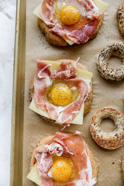 Prosciutto Bagel Sandwich, Bagel With Prosciutto, Open Face Bagel, Eggs In A Bagel Hole, Air Fryer Bagel Breakfast, Bagel Egg Breakfast, Baked Egg In A Hole, Egg In A Hole Breakfast Sandwich, Bagels With Eggs