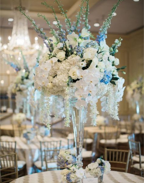 Blue And White Floral Arrangements, Stage Facade, Bar Facade, Blue Flower Centerpieces, Blue Flower Arrangements, Blue Wedding Centerpieces, Blue Wedding Decorations, White Floral Arrangements, Tall Wedding Centerpieces