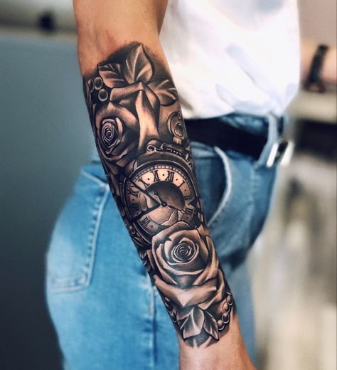 Rose And Clock Tattoo For Men, Clock Flowers Tattoo, Woman Clock Tattoo, Stop Watch Tattoo For Women, Forearm Rose Tattoo Women, Clock Rose Tattoo Design, Rose Clock Tattoo, Clock Rose Tattoo, Rose And Clock Tattoo