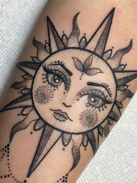 20 Radiant Sun Tattoos for Women in 2021 - The Trend Spotter Sun Tattoos For Women, Mandala Sun Tattoo, A Sun Tattoo, Rising Sun Tattoos, Sun Tattoo Ideas, Sunshine Tattoo, Sun Tattoo Designs, Sun And Moon Tattoo, The Trend Spotter