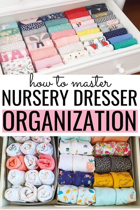 Organizing A Nursery Dresser, Nursery Organization Drawers, Organizing Ideas For Nursery, Newborn Nursery Dresser Organization, Best Nursery Organization, Small Dresser For Nursery, What To Put In Nursery Dresser, Organize Infant Clothes, Organizing Nursery Dresser Drawers