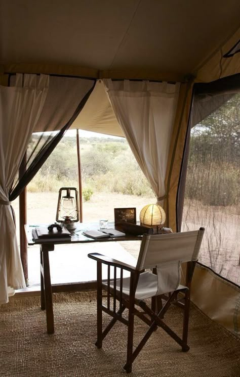 Safari Lodge Interior, Lodge Interiors, African Lodge, Bush Lodge, Safari Camp, Tented Camp, British Colonial Decor, Vintage Safari, Campaign Furniture