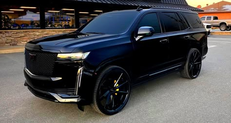 Murdered Out All Black Cadillac Escalade on Giovanna Wheels! Big Cars Luxury, Blacked Out Suv, Black Suv Luxury, Luxury Car Interior Aesthetic, Luxury Cars Garage, Black Suv Car Aesthetic, Matte Black Escalade, Luxury Car Aesthetic, Murdered Out Cars