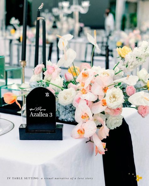 Black And White Wedding Theme With Pop Of Color, Black And White Wedding With Colored Flowers, Black White And Pink Wedding Reception, Black And Color Wedding, Colorful Wedding With Black Accents, Black Colorful Wedding, Black Pink White Wedding, Black And Colour Wedding, Black White Green Pink Wedding