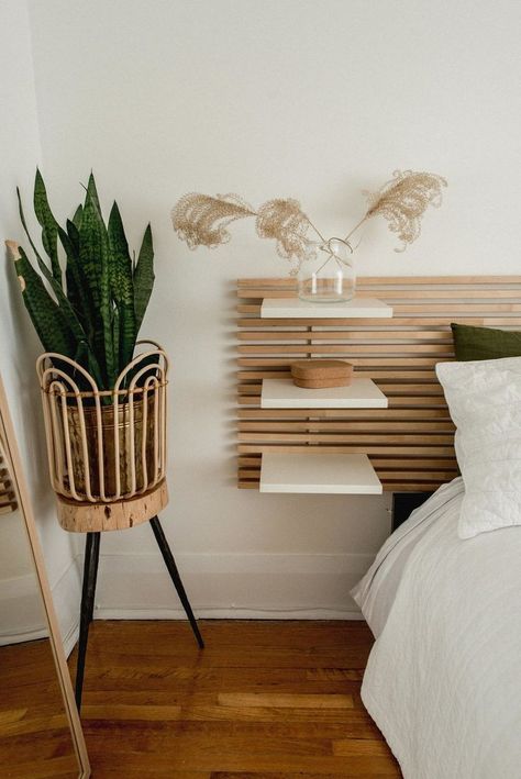 Slat Headboard With Shelves, Diy Slat Headboard, Table Headboard, Slat Headboard, Headboard With Shelves, Headboard Ideas, Slatted Headboard, Diy Headboards, Wooden Headboard