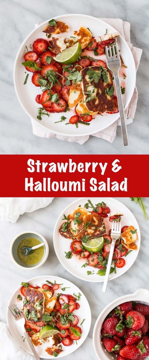 Delicious halloumi recipe! A strawberry and gooey grilled halloumi cheese salad topped with bright herbs and a lime dressing. #halloumirecipe #salad #strawberries Recipe With Strawberries, Halloumi Recipes, Haloumi Recipes, Bunny Food, Halloumi Cheese, Halloumi Salad, Ricotta Gnocchi, Berry Recipes, Satisfying Salads