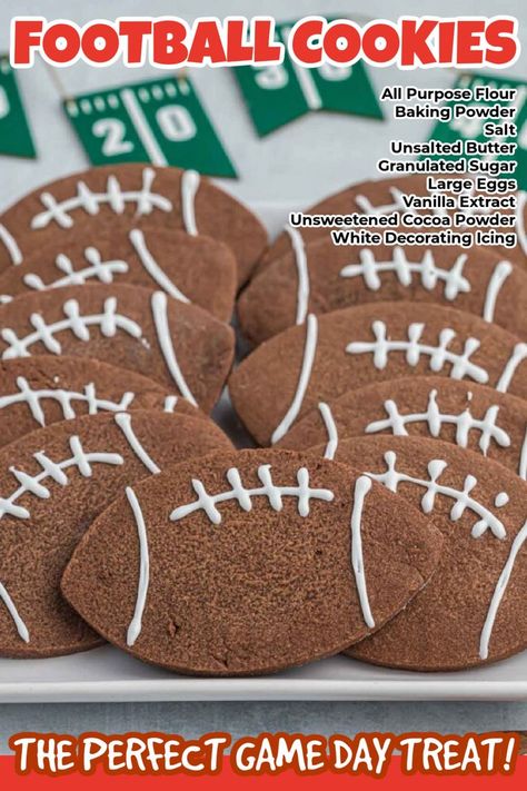 This adorable homemade football cookies recipe is simple to make and perfect for Game Day. Try this festive recipe for an easy treat during the game. Snacks and treats for Game Day are a must. It's even better if they are football shaped. These darling little cookies are so delicious and a must try. #dessertsonadime #footballcookies #gamedaytreat Football Desserts, Chocolate Footballs, Football Cookies, Easy Treat, Game Snacks, Shaped Cookies, Themed Desserts, Decorator Icing, Easy Treats