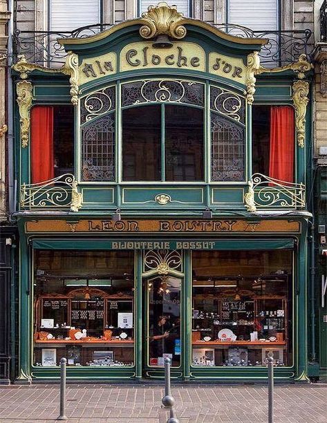 Jewelry Store~  A la Cloche d’Or, Lille, France French Jewelry Store, European Store Fronts, Old Store Fronts, Vintage Store Fronts, Lille France, Dolls House Shop, Shop Facade, Storefront Design, Shop Front