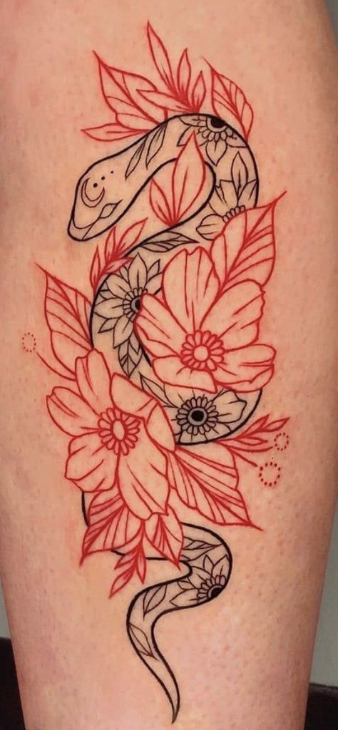 Red Colored Tattoos, Red Collar Bone Tattoos For Women, Black And Red Leg Sleeve Tattoo, Simple Red And Black Tattoo Ideas, Snake And Poppy Tattoo, Black Tattoo With Red Accents, Poppy Flower Drawing Tattoo, Red Knee Tattoo, Red Tattoo Sketch