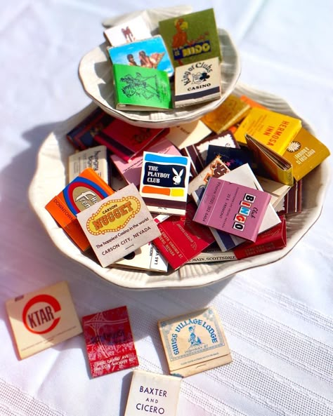 Vintage matchbook lots of 5, 10, or 20. Some are unused, some are missing some matches and have been struck, most are in great shape. Thank for Shopping! Match Box Collection Display, Cool Match Boxes, Bowl Of Matches, 70s Party Favors, Matches Collection, Matches Aesthetic, Match Box Art, Artsy Apartment, Matchbook Design