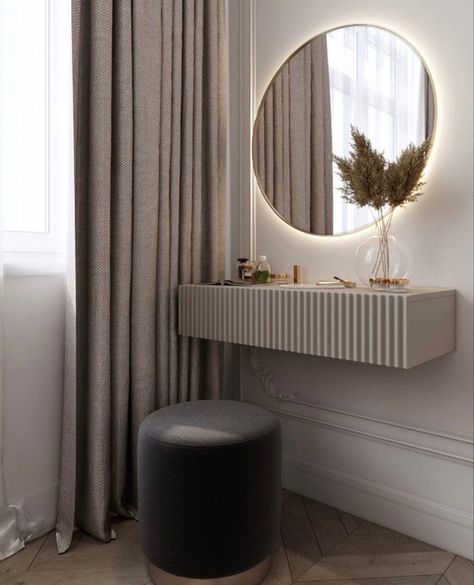 Minimal Dressing Table Ideas, Small Vanity Ideas Bedroom Modern, Make Up Table Ideas Bedrooms, Minimalistic Furniture, Living Room Decor Inspiration, Dekorasi Kamar Tidur, Home Design Living Room, Apartment Decor Inspiration, Luxury Homes Interior