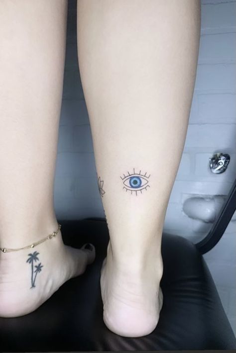 Evil Eye Ankle Tattoo, Evil Eye Elbow Tattoo, Blue Evil Eye Tattoo, Greece Evil Eye Tattoo, Delicate Evil Eye Tattoo, Colored Evil Eye Tattoo, Nazar Tattoo Eye, Evil Eye Tattoo Design, Greek Evil Eye Tattoo