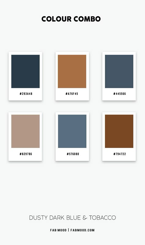 Browns And Blue Color Scheme, Shades Of Blue Color Scheme, Dark Blue Paint Color Palette, Brown Navy Bedroom, Dark Navy Color Scheme, Dark Blue And Brown Color Palette, Dark Dusty Blue Color Palette, Brown And Dusty Blue Bedroom, Navy Blue Brown Bedroom