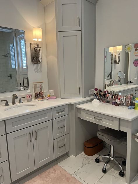 Makeup Counter Bathroom, L Vanity Bathroom, Master Bath Built In Vanity, L Bathroom Vanity, Master Bath Remodel With Makeup Vanity, L Shaped Bathroom Vanity With Makeup, Bathroom Cabinets With Makeup Vanity, L Shaped Bathroom Layout Master Bath, Small Double Sink Bathroom Ideas