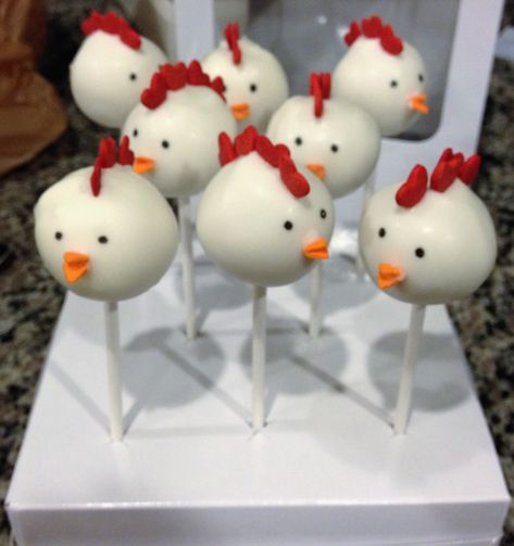 Chicken Themed Cupcakes, Barnyard Cake Pops, 2nd Birthday Chicken Theme, Chicken Cakes Birthday Ideas, Chicken Bday Party, Chicken Themed Birthday Cake, Farm Theme Cake Pops, Chicken Themed Desserts, How To Make A Chicken Cake