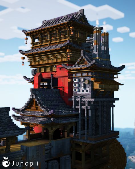 Minecraft build of a red Japanese bathhouse, industrial, dystopian, covered in pipes, by the ocean Japanese Library Minecraft, Bathhouse Minecraft, Minecraft Anime Builds, Japanese Style House Minecraft, Minecraft Bathhouse, Japanese Buildings Traditional, Japan Minecraft, Minecraft Library, Japanese Palace