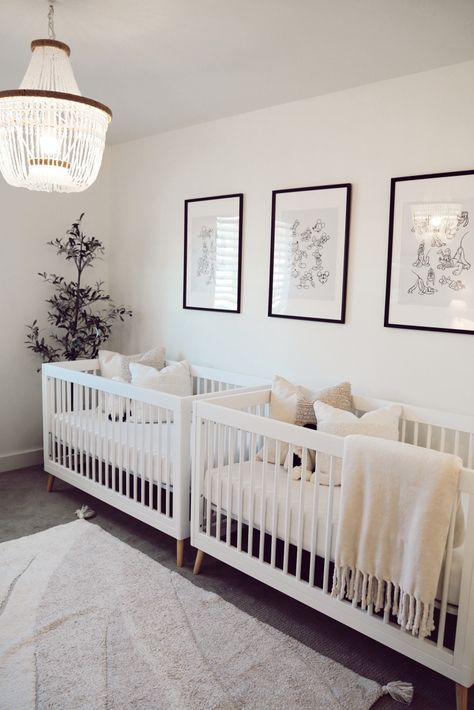 gender neutral, white, minimal baby nursery for twins with subtle disney decor White Gender Neutral Nursery, Twin Neutral Nursery Ideas, Nursery Ideas Ikea Dresser, Neutral Twin Nursery Ideas, Nursery For Twins Gender Neutral, Nursery With Two Cribs, Disney Twin Nursery, Luxury Nursery Twins, Minimal Disney Nursery