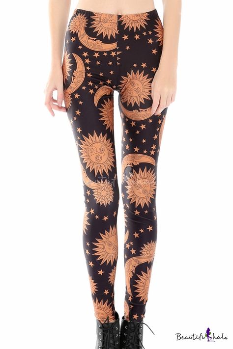 Popular Sun Moon Star Pattern Elastic Waist Slim Leggings Space Leggings, Harajuku Punk, Galaxy Leggings, Plus Size Workout, Legging Fits, Comfortable Leggings, Interstellar, In Space, Sun Moon