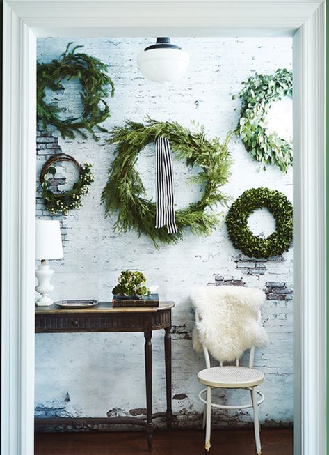 Wooden Armoire, Reclaimed Wood Table, Holiday Greenery, Holiday Places, Holiday Wreath, Wreath Ideas, Holiday Inspiration, Holiday Decorating, Holiday Looks