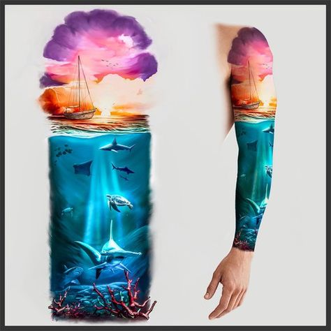 Realistic Underwater Tattoos, Ocean Color Tattoo, Unique Colorful Tattoos, Sea Sleeve Tattoo, Water Themed Tattoos, Sea Themed Tattoos, Ocean Theme Tattoos, Ocean Sleeve Tattoos, Underwater Tattoo