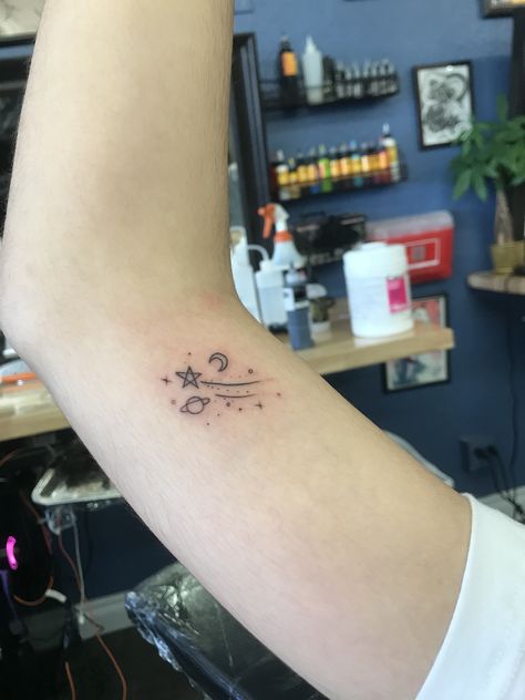 Stars Planets Tattoo, Stars And Plants Tattoo, Tiny Moon And Stars Tattoo, Moon Star Planet Tattoo, Star Planet Tattoo, Star And Planet Tattoo, Moon And Planets Tattoo, Stars And Planets Tattoo, Small Planet Tattoo