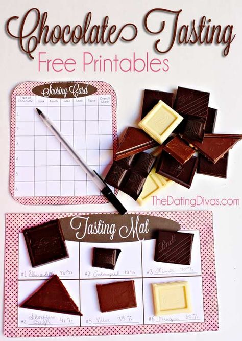 Forget about wine and cheese- how about a chocolate tasting?!  Download the FREE printables, grab some chocolate bars, and youre set!  Talk about a perfect V-day date!  www.TheDatingDivas.com #dateideas #chocolateparty #datingdivas Chocolate Tasting, Girl Night, Wine Tasting Party, Chocolate Party, The Dating Divas, Dating Divas, Tasting Party, Fun Group, My Funny Valentine